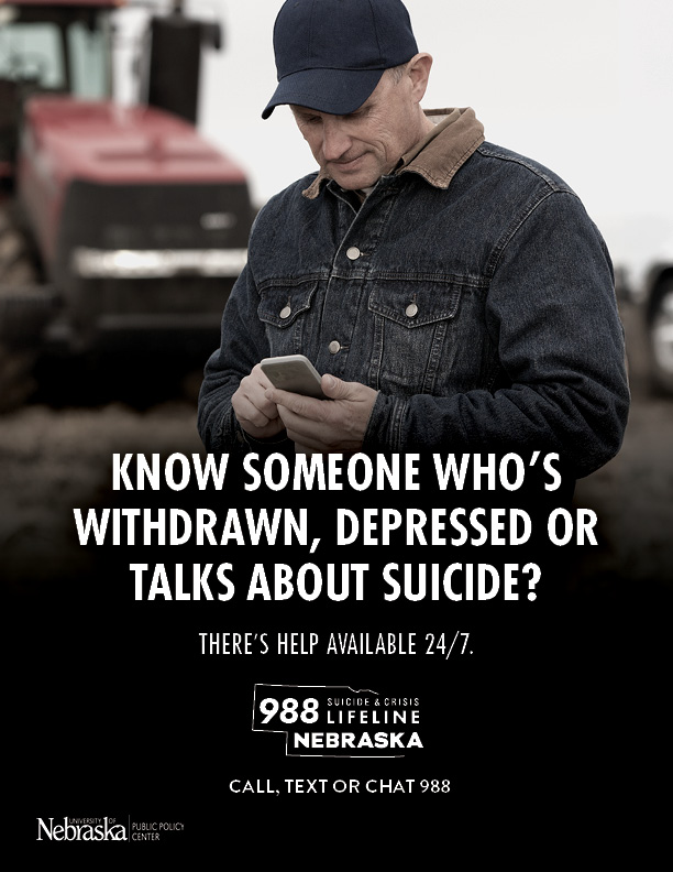 NUPPC_SP-Flyers8.5x11_02 Photo of farmer typing on phone. Text states "Know someone who's withdrawn, depressed or talks about suicide? Call, text or chat the 988 Suicide & Crisis Lifeline-Nebraska." University of Nebraska Public Policy Center logo.