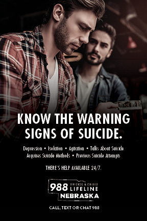NUPPC_SP-Postcards4x6_01 Two men drinking in a bar, one looks downtrodden. Text states "Know the warning signs of suicide. Depression, isolation, agitation, talks of suicide, acquires suicide methods, and previous suicide attempts. Call, text or chat the 988 Suicide Crisis Lifeline-Nebraska." University of Nebraska Public Policy Center logo.